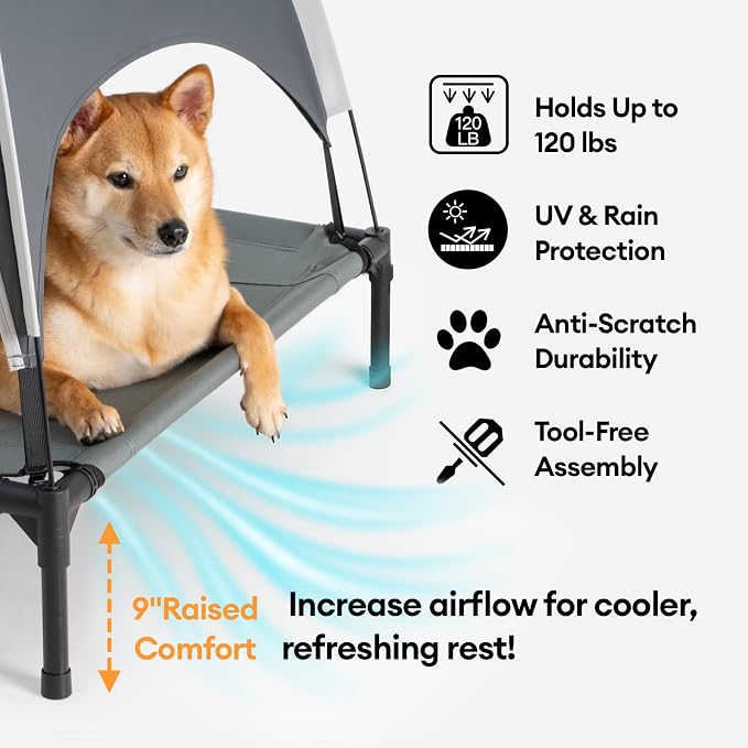 Outdoor Elevated Dog Bed with Canopy Large Sized Dog, 48" Grey | Portable Raised Camping Pet Cot Hammock,Breathable Teslin Mesh,Waterproof,For Large Pets Up to 120 lbs,Easy to Assemble