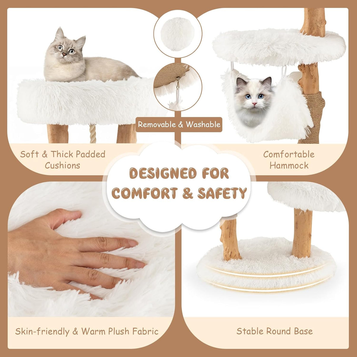 Tangkula Cat Tree Tower, Solid Wood Modern Cat Tower with Cozy Top Perch, 2 Platforms & 1 Hammock, Natural Branch Cute Cat Tree with Scratching Posts & Sisal Rope for Indoor Cats