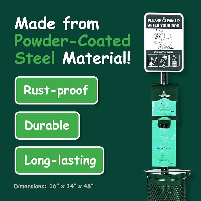 Imperial Pet Waste Station - 8ft Green Steel Dog Waste Station - Includes a Locking Dispenser, 800 Lemon-Scented Single-Pull Poop Bags, a 10gal Trash Receptacle w/Lid, and a 12"x18" Sign