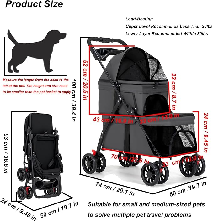 Double Dog Stroller for Medium Small Dogs and Cats Load-Bearing Up to 50lbs, Durable 360° Universal Wheels Lightweight One Hand Foldale Kittens Puppies Travel Stroller Cart(Double)