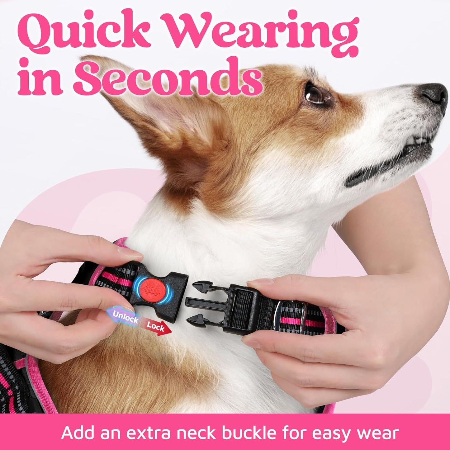 rabbitgoo Dog Harness Small Sized, No Pull Dog Vest with 3 Buckles, Adjustable Soft Padded Pet Harness with Easy Control Handle and Reflective Strips, Black & Rose Pink, S
