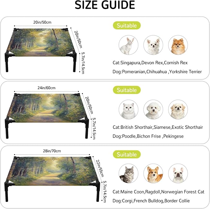 Outdoor Elevated Dog Bed for Large Dogs, Farmhouse Forest Breathable Cooling Raised Dog Cot for Indoor/Outdoor, Pastoral Country Sun Light Trees Waterproof Elevated Pet Beds, L 28 x 22 in