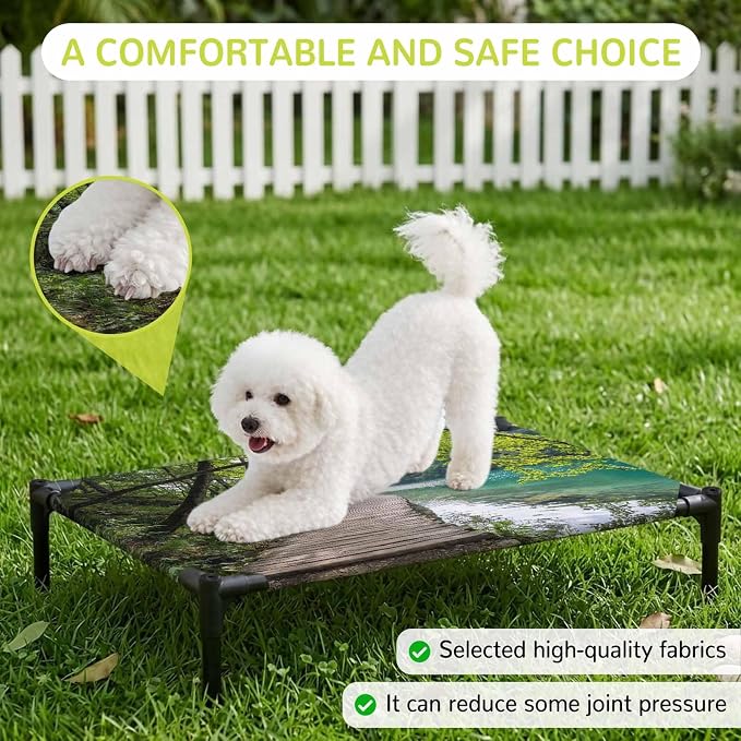 Outdoor Elevated Dog Bed for Medium Dogs, Nature Scenery Breathable Cooling Raised Dog Cot for Indoor/Outdoor, Forest Walkway Lake Trees Spring View Waterproof Elevated Pet Beds, M 24 x 20 in