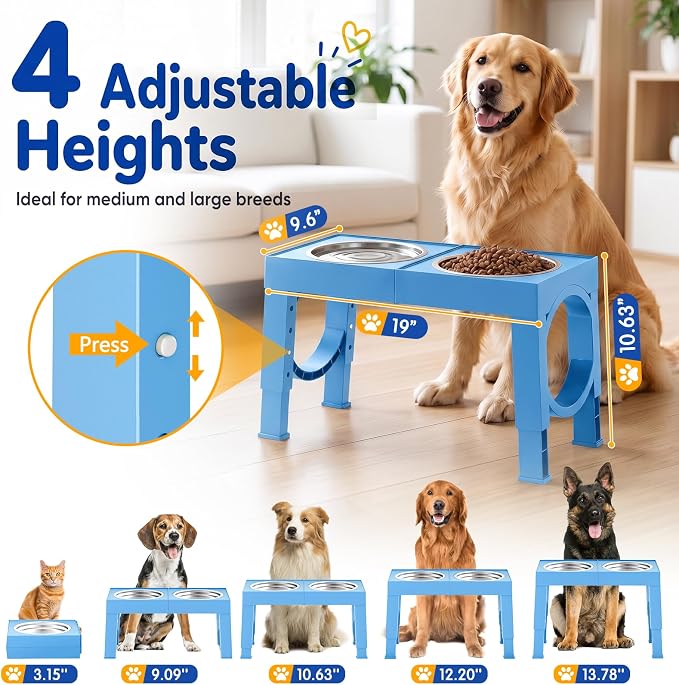 XIAZ Elevated Dog Bowls Large Breed Raised Dogs Bowl Stand Large/Medium Sized Dog Stainless Steel Food Water Bowl Stands 5 Heights Adjustable 9/11/12/15in Pet Feeder Dish Station