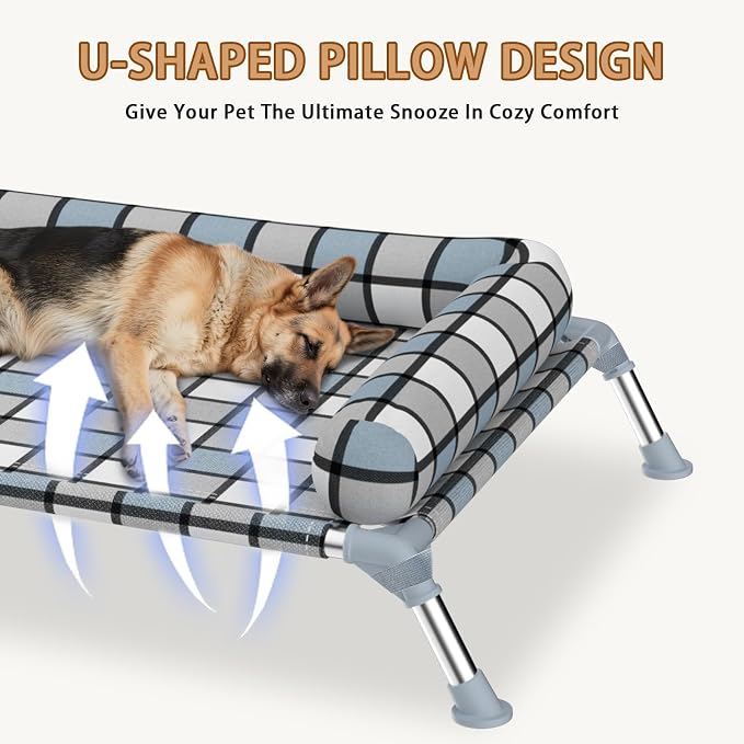 Elevated Dog Bed with Bolster,Portable Raised Lifted Pillow Pet Cot Beds | Breathable Fabric Dogs Hammock Bed for Indoor & Outdoor, Stainless Steel Frame, Anti-Slip Feet