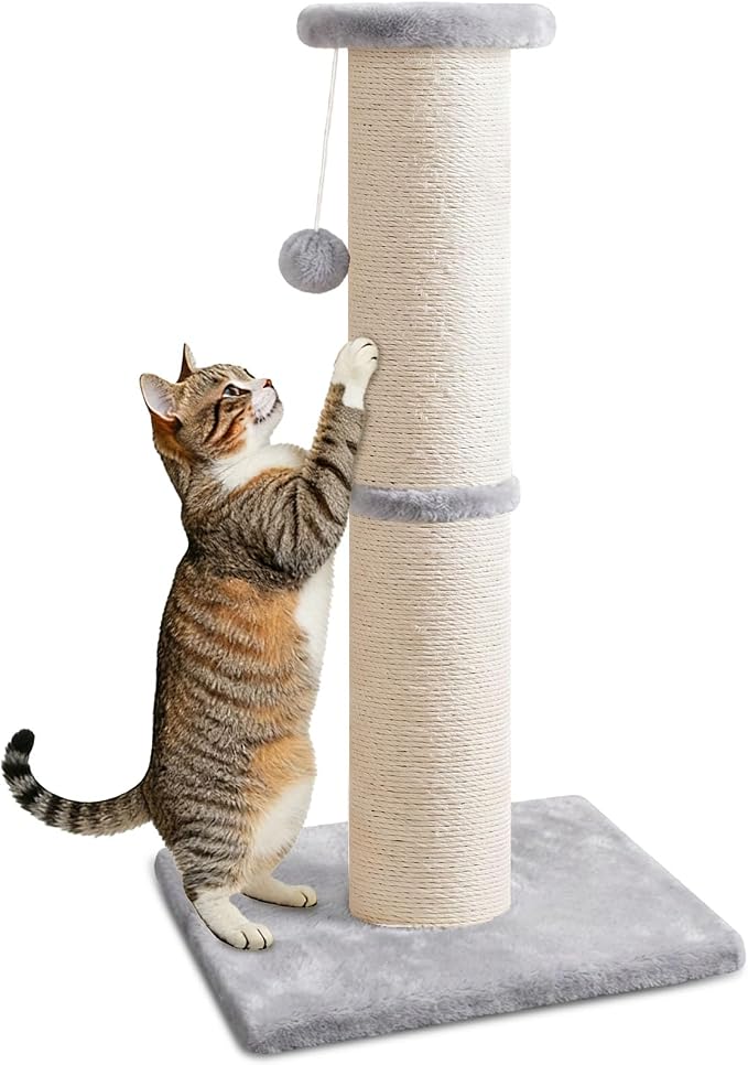 PAWSCRAT Cat Scratching Post 32" Tall, 5-Inch Diameter Natural Sisal Cat Scratch Post with Dangling Ball for Indoor Cats, Scratch-Resistant Durable and Protect Your Furniture, LightGrey