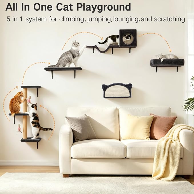 5-in-1 Cat Wall Shelves for Indoor Cats, Wall Mounted Cat Furniture Set with Bed, Perch, Hideaway Condo, Scratching Post & Scratcher, Cat Climbing Wall Playground, Space Saving Design, Black
