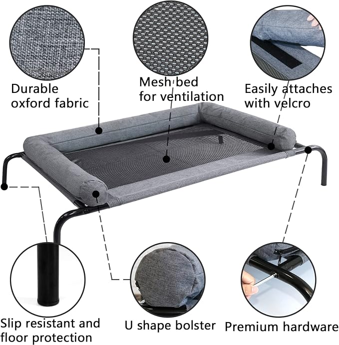 PETIME Cooling Elevated Pet Cushion Bed Raised Dog Cots for Small Dogs, Portable Indoor & Outdoor Pet Hammock, Frame with Breathable Mesh and Removable Bolsters (42 Inch)