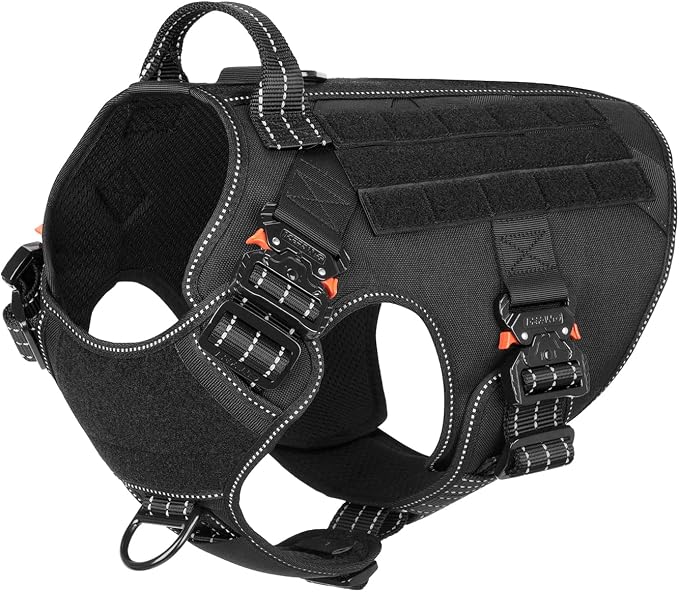 ICEFANG Tactical Dog Harness for X-Large Dogs,Full Metal Buckles Dog Vest | with MOLLE, Reflective,Adjustable,2 Leash Clips,Control Handle,No Pull,Soft Padded,Black,X-Large