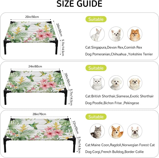 Outdoor Elevated Dog Bed for Large Dogs, Summer Hummingbirds Breathable Cooling Raised Dog Cot for Indoor/Outdoor, Farmhouse Floral Palm Leaves Wooden Waterproof Elevated Pet Beds, L 28 x 22 in