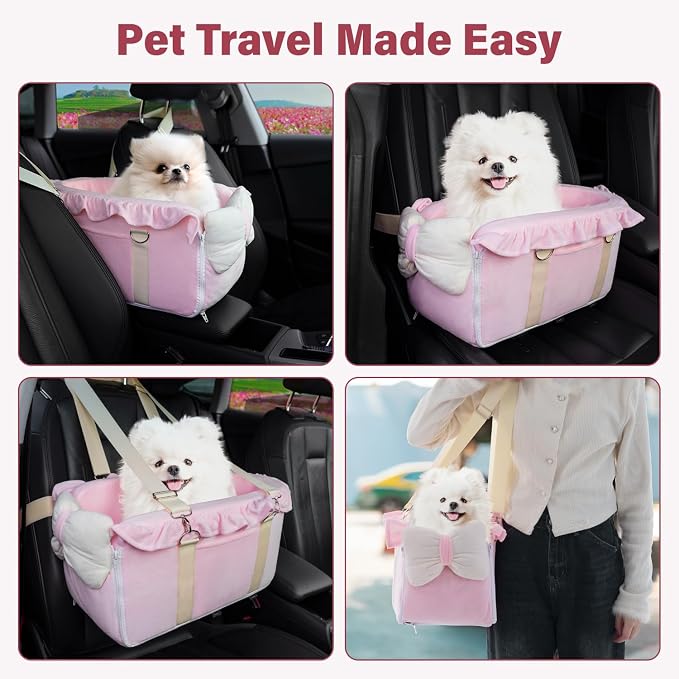 Jaoul Dog Car Seat for Small Dogs - Fully Detachable with Adjustable Straps Center Console Dog Booster Seat - Comfortable Bow Design Pet Car Seats - Portable Pet Booster Seat for Puppy, Cat (Pink)