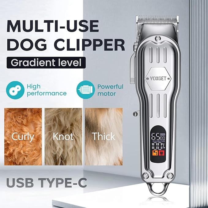 Dog Clippers for Grooming Thick Hair, Upgrade Low Noise Pet Shaver with 8 Size Detachable Combs for Heavy Curly Hair, Rechargeable Metal Blade Clipper Grooming Kit for Dogs Animals (Silvery)