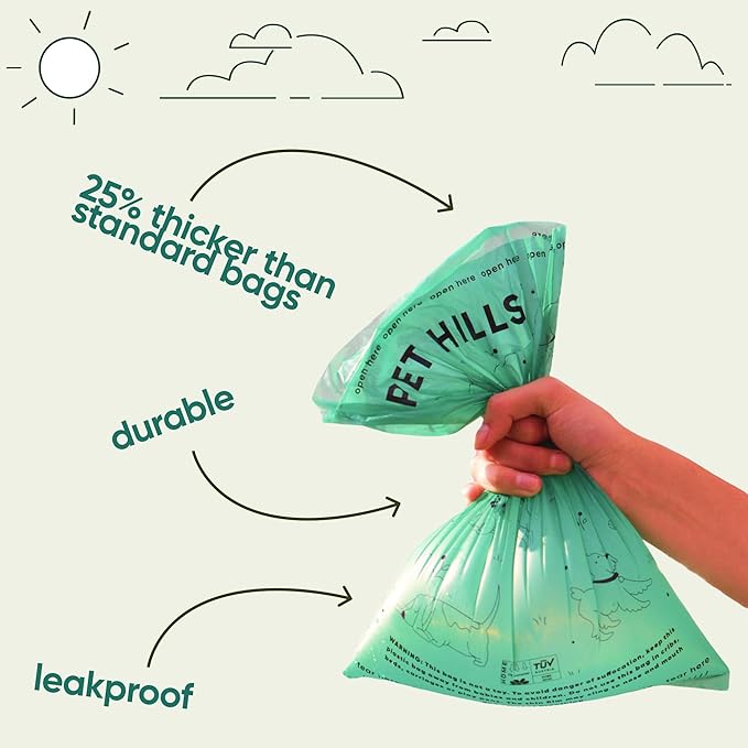 Pet Hills Heavy Duty Compostable Dog Poop Bags – 120 Count, 25% Thicker, Leakproof & Unscented Refills, Fits All Dispensers, Plant-Based, TÜV OK Compost HOME Certified