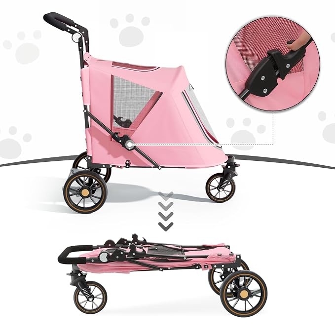 MoNiBloom Pet Stroller for Large Dogs or Dogs Cats up to 55 lbs, Pink | with Adjustable Handle, 3-Wheels Dual Entry Portable Dog Carting Easy Folding Pet Wagon Double Multiple Dog Stroller