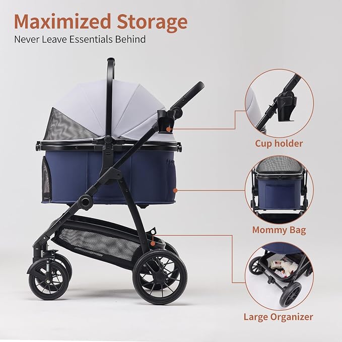 3-in-1 Pet Stroller for Medium Dogs & Cats, Detachable Aluminum Frame Carrier, All-Terrain 4-Wheel Dog Travel Carriage, Shock Absorption, Easy-Entry Low Door, Max 55lbs - Blue Grey