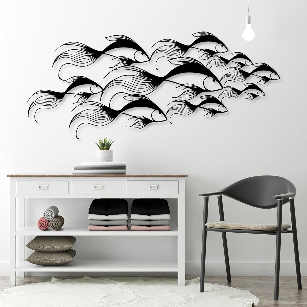 School of Fish Metal Wall Art, Metal Fish Wall Decor, Sea Life Wall Art, Large Nautical Wall Hanging, Modern Beach House Wall Decor, Ocean Themed Artwork for Bathroom (Silver, 24"x10" | 60x25cm)