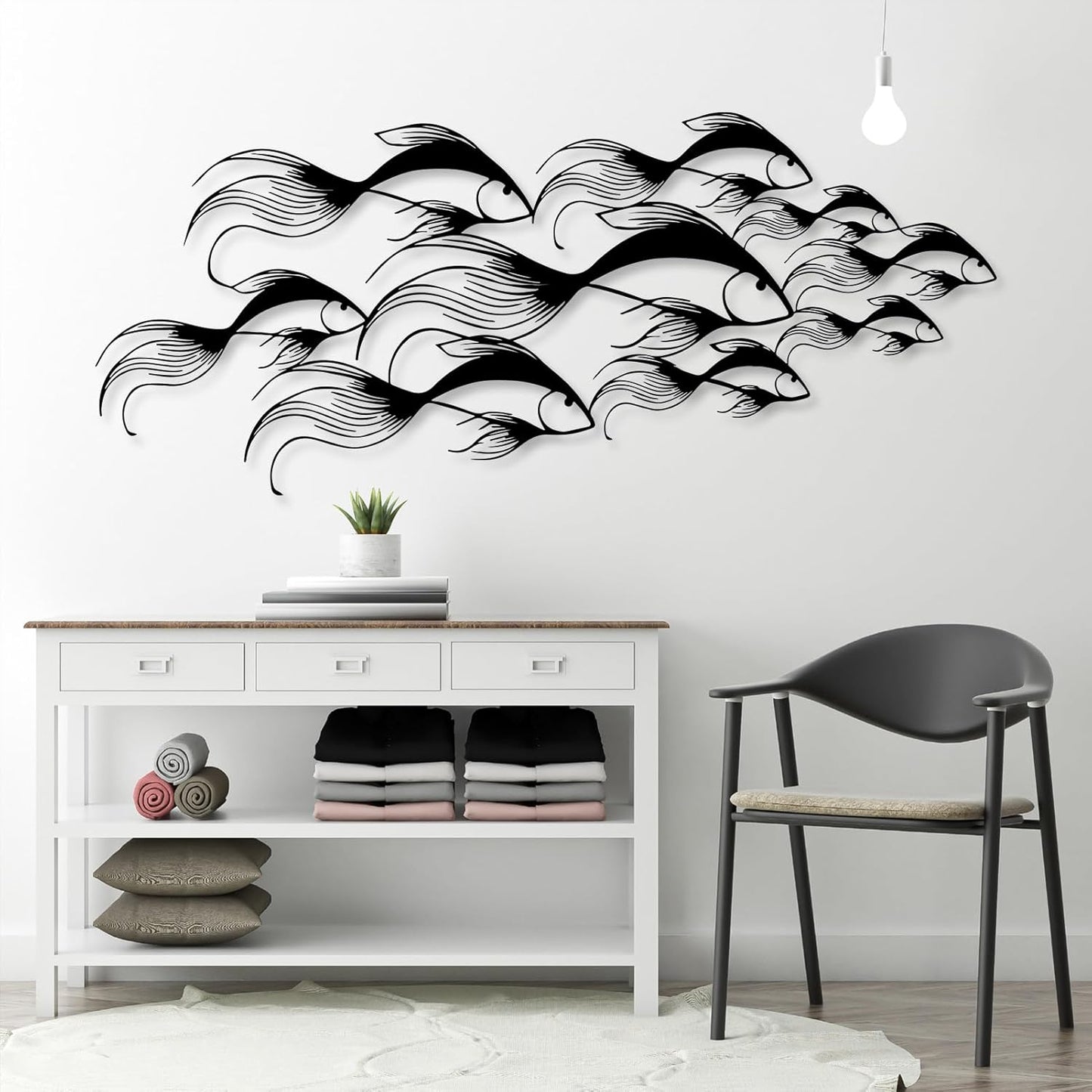 School of Fish Metal Wall Art, Metal Fish Wall Decor, Sea Life Wall Art, Large Nautical Wall Hanging, Modern Beach House Wall Decor, Ocean Themed Artwork for Bathroom (Black, 53"x22" | 135x57cm)