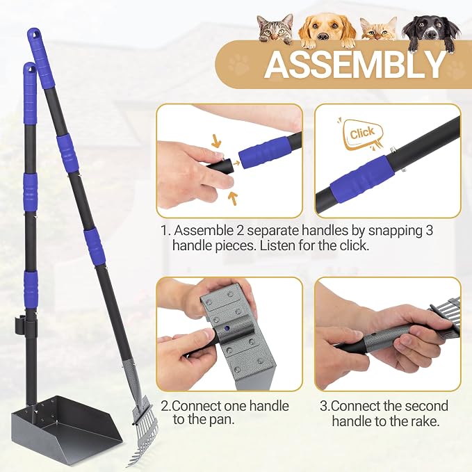 Dog Pooper Scooper, Dog Poop Tray and Rake Set with Long Stainless Handles | Pet Waste Removal Scoop with Adjustable Sectional Handles