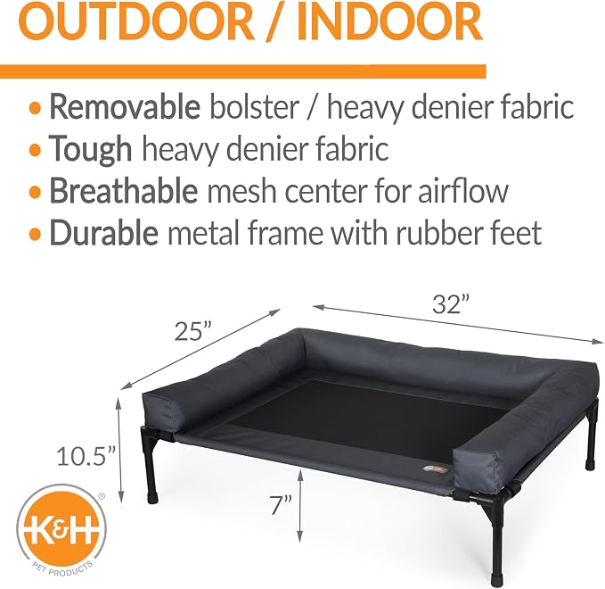 K&H Outdoor Elevated Dog Bed, Bolster Pet Cot, Medium 32x25in, Charcoal | Pet Cot for Medium & Large Pets, Washable Mesh Center Hammock with Removable Washable Bolsters, Indoor / Outdoor Dog Bed