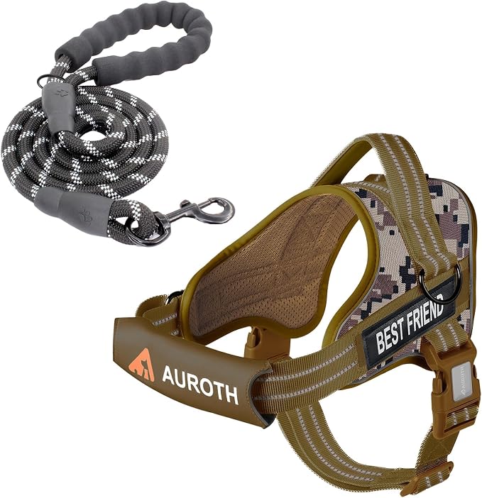 AUROTH Dog Harness for Large Dogs No Pull Tactical Harness and Leash Set | with Leash Clips, LED light clip, Breathable Mesh Padded No Choke, Easy Walking and Training, Desert Camo, Large