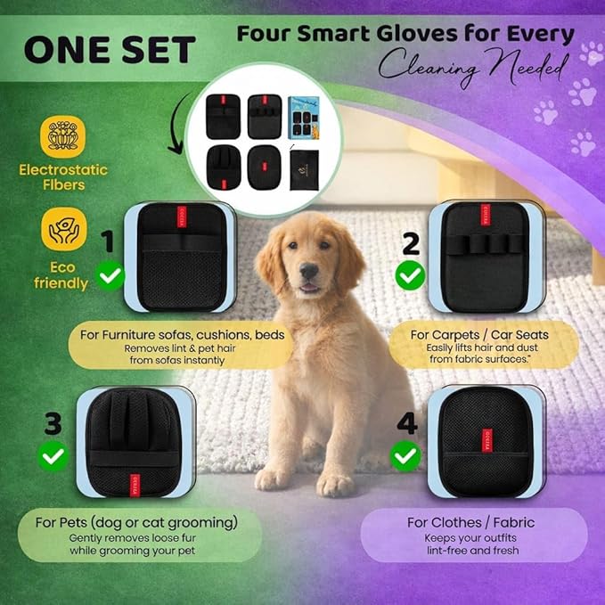 GOLIXA 4+1 Pack Pet Hair Remover Glove for Cats and Dogs, 4 Designs Electrostatic Pet Hair Removal Gloves Brush for Pets Hair, Best Animal Reusable Cats & Dogs Grooming Gloves for Hair Removal