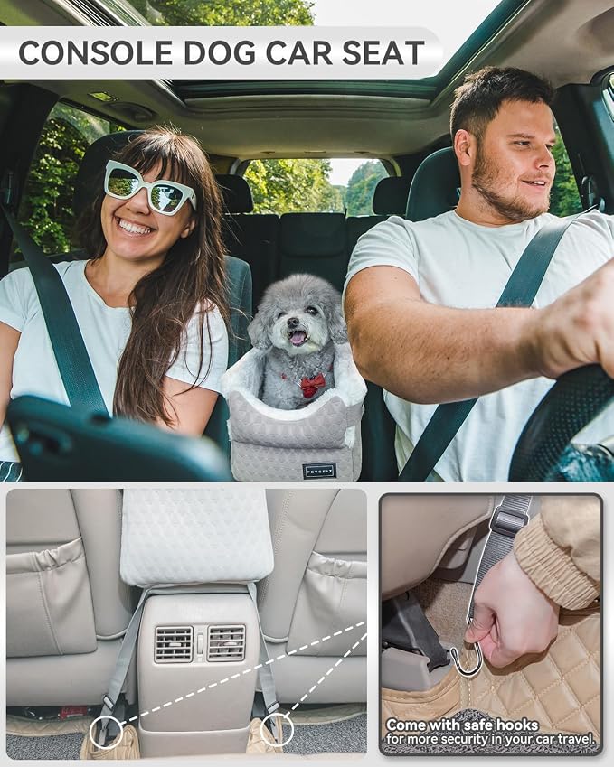 PETSFIT Small Dog Car Seat with Washable Cushion, Soft Pillow, Safety Leash | Dual Seat-rail Hooks with Adjustable Straps Help Reduce Shifting, Console Dog Car Seat for pets Under 8 lbs, Light Grey