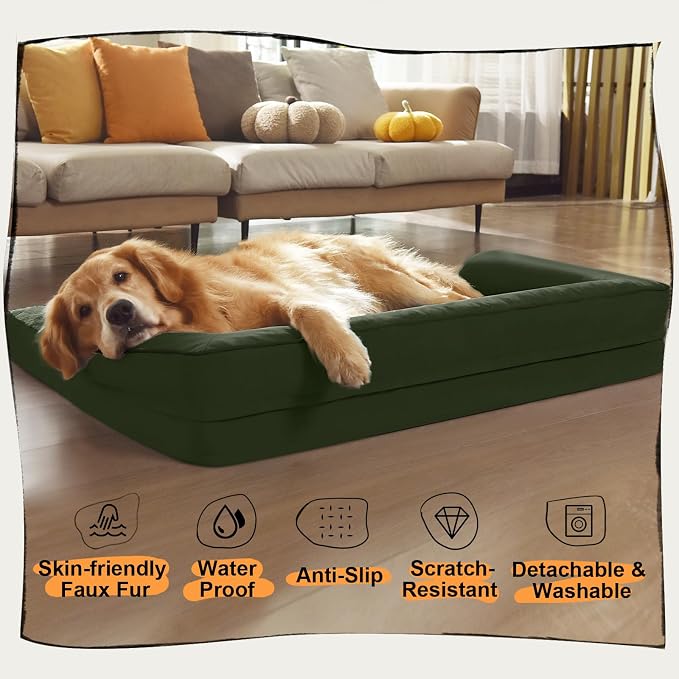 Orthopedic Waterproof Dog Bed with Bolster for Extra Large Size Dogs | Pillow Support for Neck Relief, Egg Crate Foam, Waterproof Liner, Anti-Slip Bottom, Removable Bolster Cover, 48 x 33 Inch