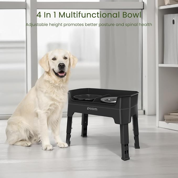 4-in-1 Elevated Slow Feeder Dog Bowls, 4 Height Adjustable Mess Proof Raised Dog Bowl Stand with No Spill Dog Water Bowl, Stainless Steel Dog Food Bowl & Slow Feeder for Large Medium Small Dogs Pets