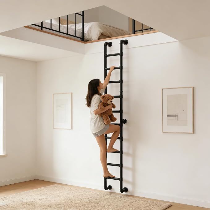 10 Rung Wall Mounted Ladder Heavy Duty 450lbs Capacity, 10FT Steel Pipe Fire Escape Ladder for Egress Window & Basement, Industrial Wall/Floor-Mounted Loft