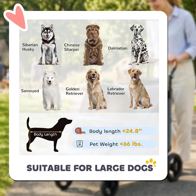 PawHut Dog Stroller for Large Dogs, One-Click Folding 4 Wheel Large Pet Stroller Wagon for Multiple Pets, All Terrain Spring Suspension w/ 8-Position Adjustable Handle, Mesh Window, Up to 66 LBS, Teal