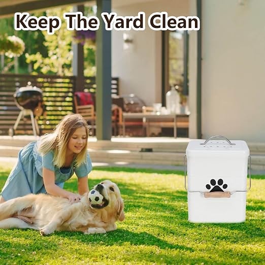 Small Dog Poop Trash Can Outside,1.5Gal/6L Metal Dog Waste Trash Can with Lid/Filter/Handle,Pet Waste Container Bucket with 75 Trash Bags-White