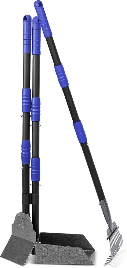 Dog Pooper Scooper, Dog Poop Tray and Rake Set with Long Stainless Handles | Pet Waste Removal Scoop with Adjustable Sectional Handles
