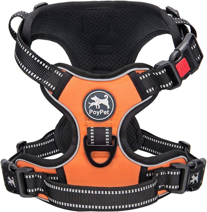 PoyPet No Pull Dog Harness Small with Front Clip & Neck Release Buckle | No Choke, Adjustable Vest, Reflective, Back Clip, Lockable, Soft Padded, Easy Control Handle for Walking Training, XS, Orange