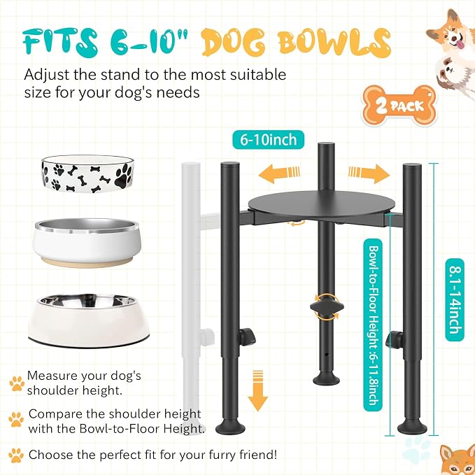 2 Pack Adjustable Dog Bowls Elevated Stand, 4 Heights, Wide 6-10" | Metal Raised Tall Single Food Bowl Holder, Sturdy Lifted Water Feeder for Medium Large Small Breed,H:8”/10”/12”/13.8”