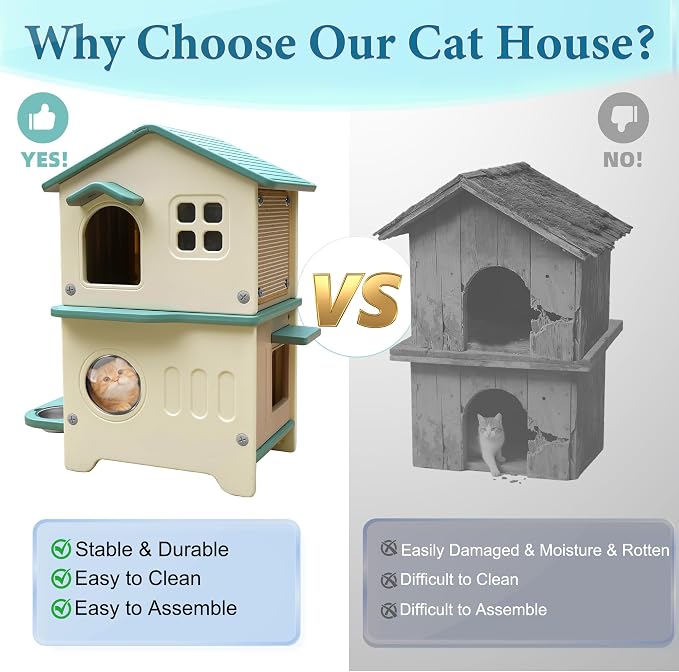 Cat House Outdoor Weatherpoof Plastic Cats Houses 2-Story | with Elevated Cat Bowls, Cat Scratch Pads and Escape Door, Indoor Waterproof Feral/Pet Cat Shelter Outside for Multiple Cats