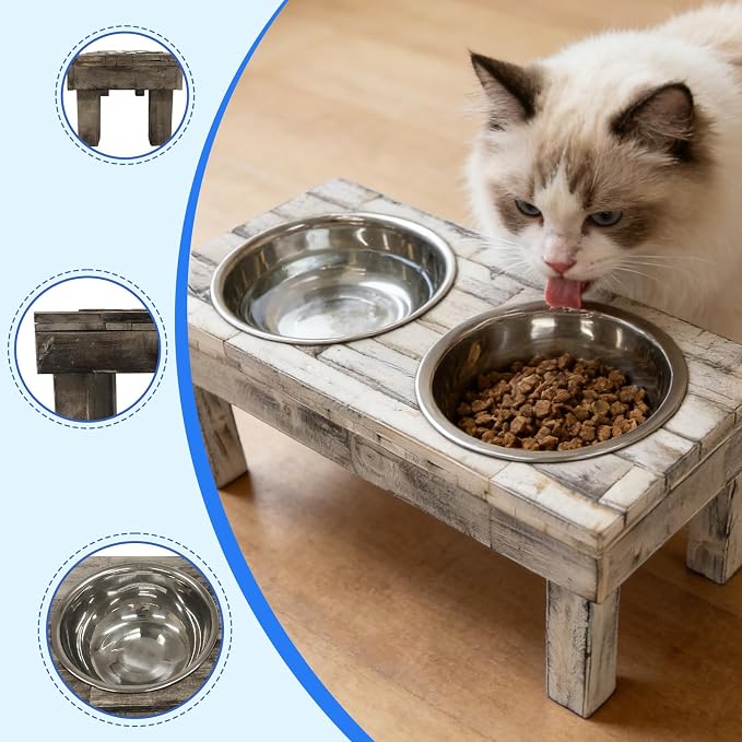 Pet Berjen Table Elevated Double Bowl Feeder, White Wash (Large)