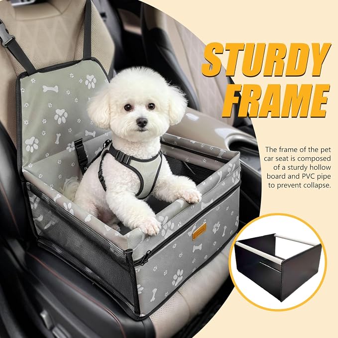 Pet Dog Booster Seat, Upgrading the Framed wall to Prevent Collapse，Breathable and Foldable Pet Car Basket，Removable andWashable pet car seat (Grey Footprints)