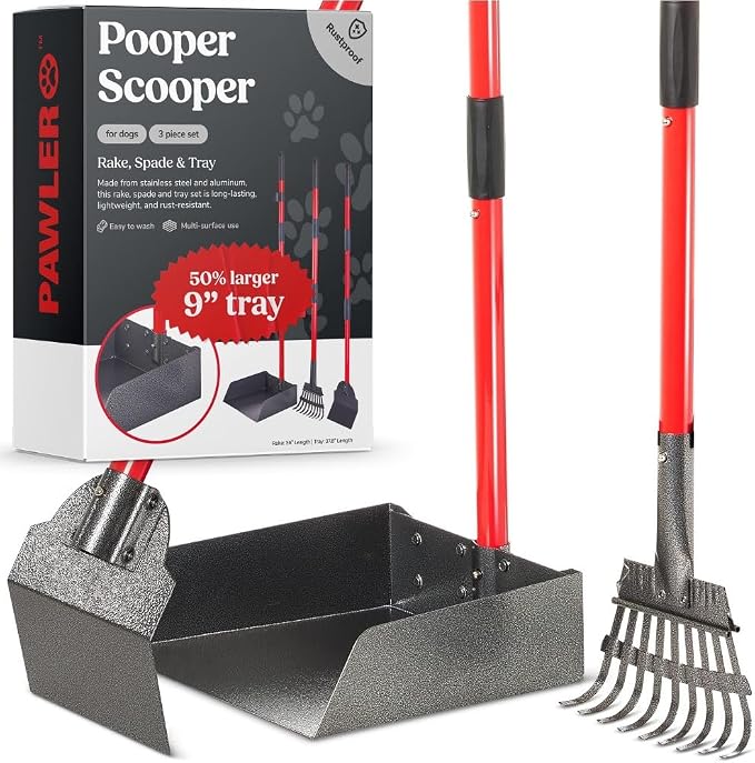 Pooper Scooper for Dogs, Heavy Duty Long Handle Rake, Spade & XL Tray | Rustproof Aluminum Poop Scooper for Large Dogs, 36+" Handles and 9”W 9.5”L Extra Large Tray for Yard, Grass, Dirt & Gravel
