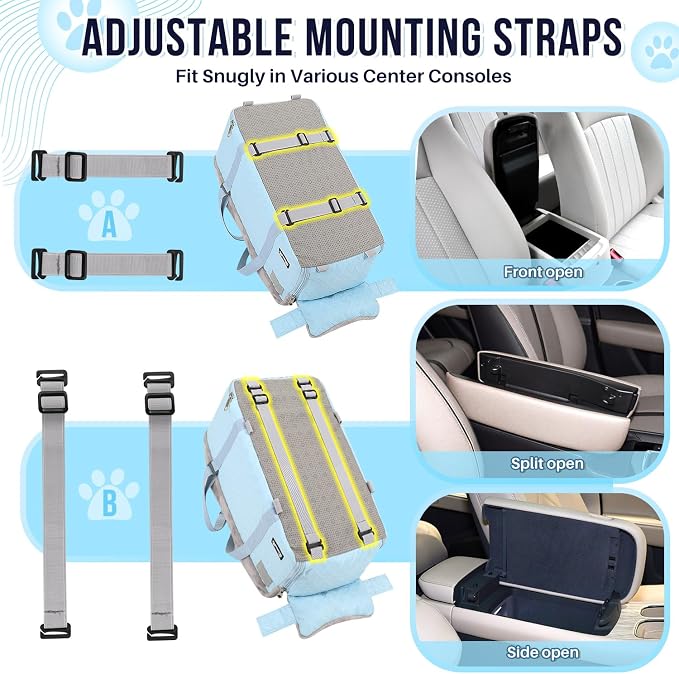 SlowTon Console Dog Car Seat - Portable Center Dog Car Seat for Small Dogs up to 9 lbs, Washable Pet Carseat with Soft Cushion Safe Protection Hooks & Storage Pocket, Blue