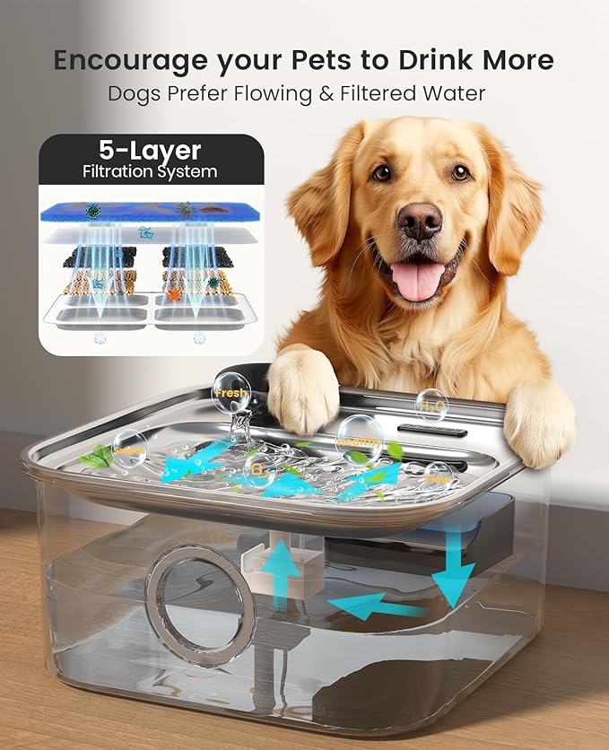 oneisall Dog Water Fountain, 2.6Gal/10L Stainless Steel Dog Water Bowl Dispenser with Deeper Drinking Aera & Washable Filter, Ultra-Quiet Pet Water Fountain for Small Medium Large Dogs(with 6 Fllters)