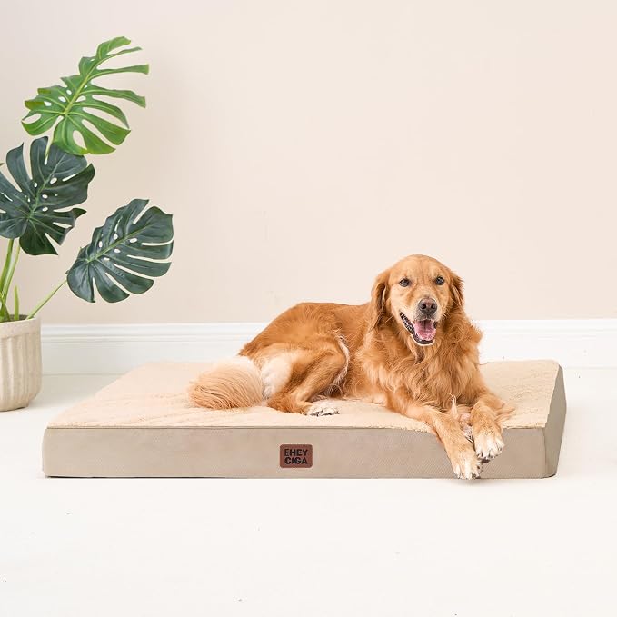 EHEYCIGA Orthopedic Dog Bed Large with Removable Washable Cover, 50IN Khaki | Egg Crate Foam Support, Durable Oxford fabric, Non-Slip Bottom, Machine Washable, Soft Waterproof Plush Pet Bed Mat For Crate