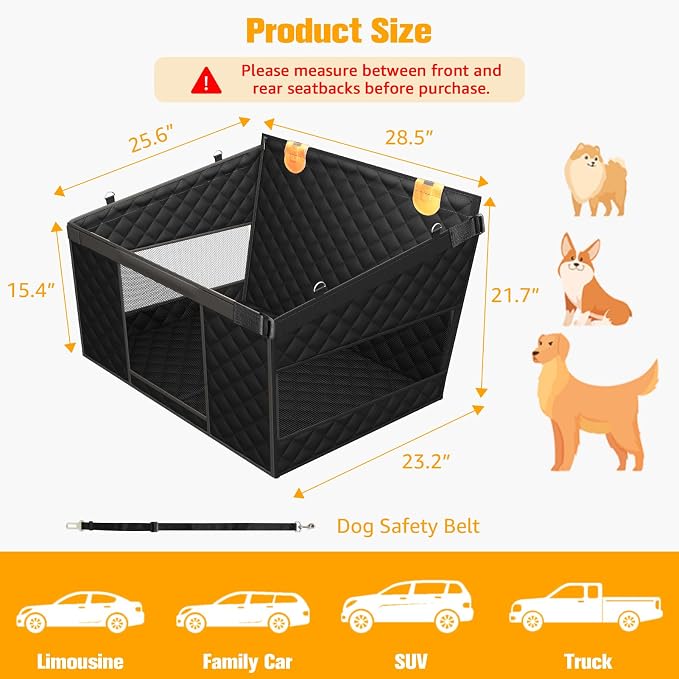 PETICON Large Dog Car Seat, Back Seat Extender for Dogs with Hard Bottom | Waterproof Medium Carseat for Dogs with 3 Mesh Windows, Pet Seat Cover for Cars, Trucks and SUVs