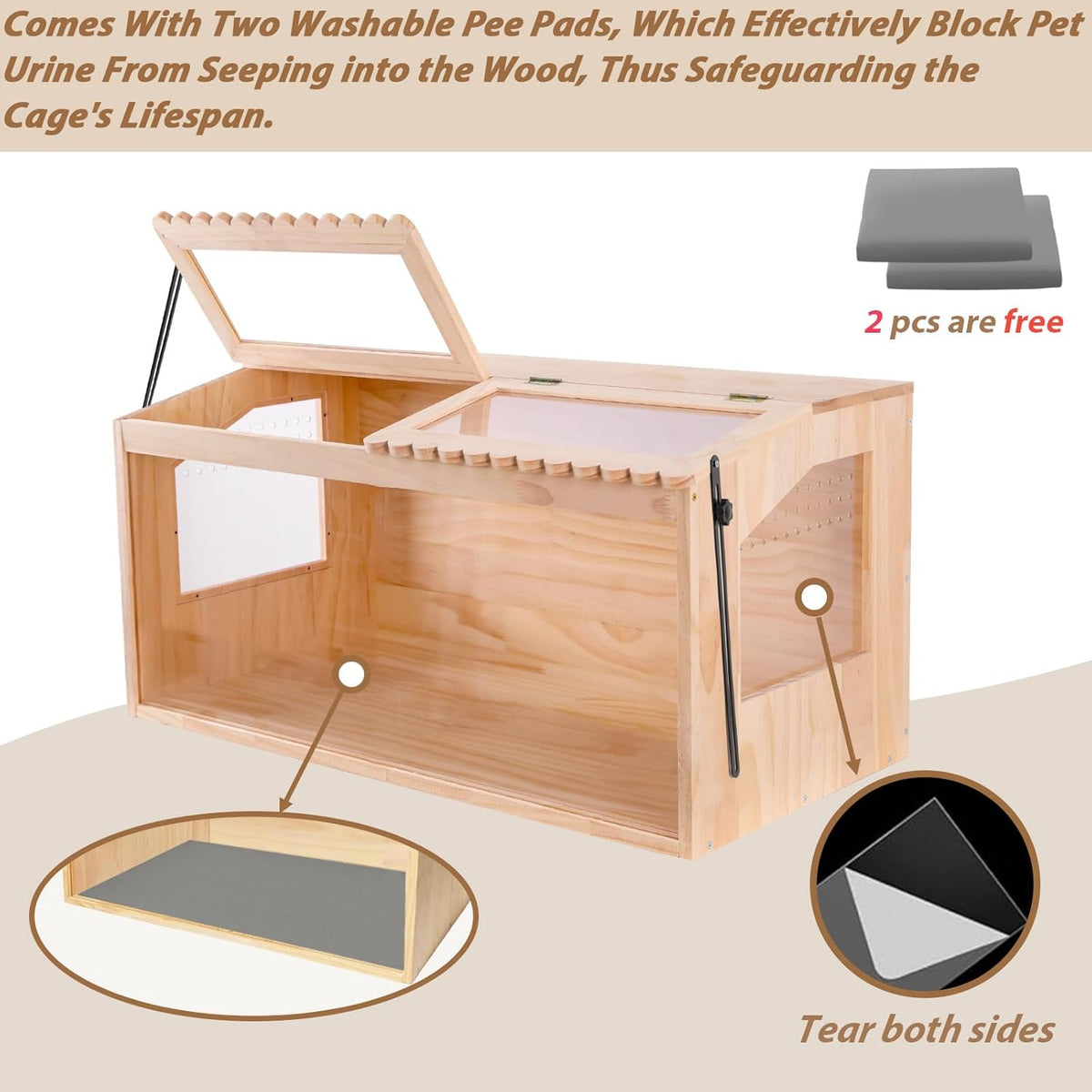Wooden Hamster Cages and Habitats, 40"x20"x20" Guinea Pig Cage, Small Animal Cage for Dwarf Syrian Hamsters Degus Mice & Other Small Pets. Big Hamster Habitat with 2 Adjustable skylights.