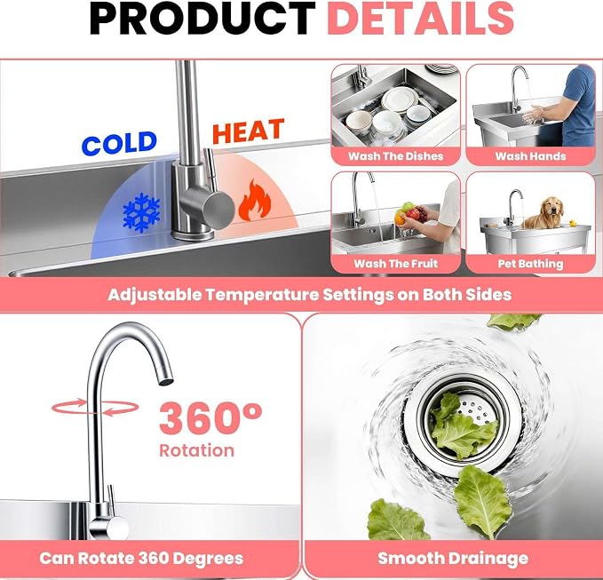 304 Utility Sink, Stainless Work Prep Table, Slop Tub for Garden, Chef