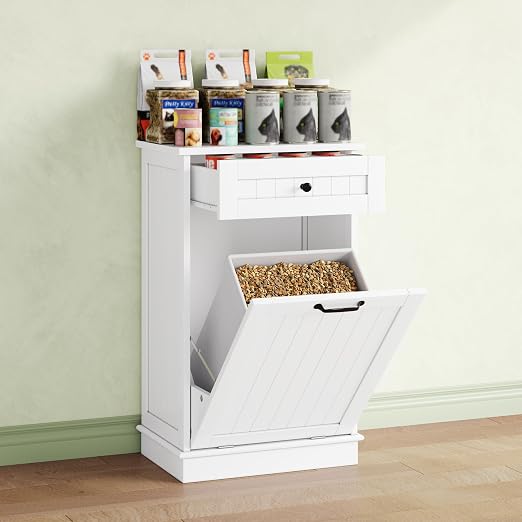 10 Gallon Tilt Out Trash Can Cabinet with Drawer, Hidden Trash Can, White | Cabinet with Drawers for Kitchen, Bathroom and Laundry Room