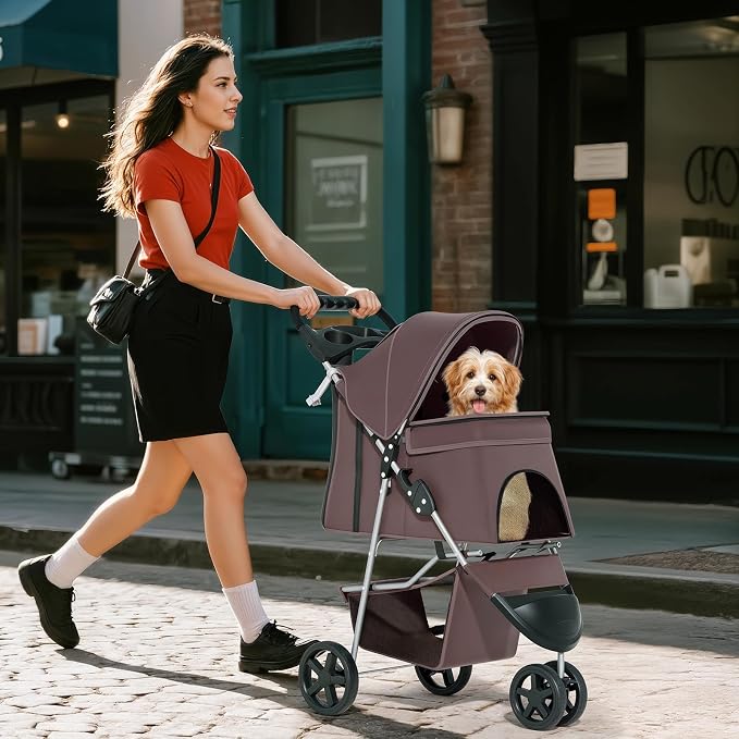 Pet Stroller for Small Dogs 10 lbs, Dog Stroller for Medium Dogs 30 lbs, Cat Strollers for 2 Cats, 3 Wheels Foldable Jogger Puppy Stroller with Storage Basket and Cup Holder, Coffee