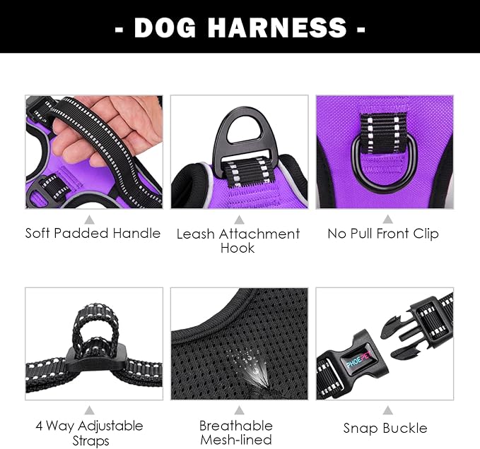 No Pull Dog Harness Medium Reflective Front Clip Vest with Handle | Adjustable 2 Metal Rings 3 Buckles,[Easy to Put on & Take Off](M, Purple)