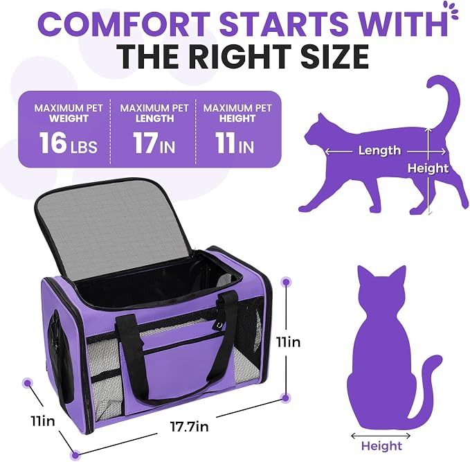 Soft-Sided Cat Carrier Expandable Pet Carrier Airline Approved Mesh Zipper with Lock Travel Carrier Up to 15lbs for Cats Dogs Collapsible Escape-Proof with Strap (18x11x11 Purple-L)
