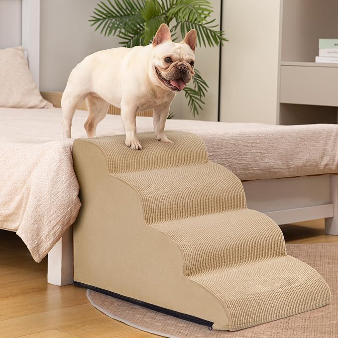 Aodisman Dog Steps for Bed or Couch,4-Step Pet Stairs Ramp for Small Dogs | 17.4" H Indoor Non-Slip Dog Stairs Help Senior Dogs,Short-Legged Breeds,Puppies and Cats to Reach Beds and Chairs,Grey,Khaki