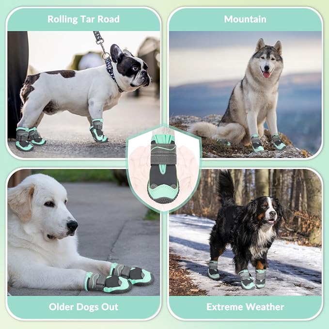 SlowTon Dog Shoes for Large Small Medium Dogs - Waterproof Dog Boots for Summer Hot Pavement, Paw Protector for Outdoor Walking Winter Snow, Anti-Slip Rubber Dog Booties for Hardwood Floor (GR, 4)